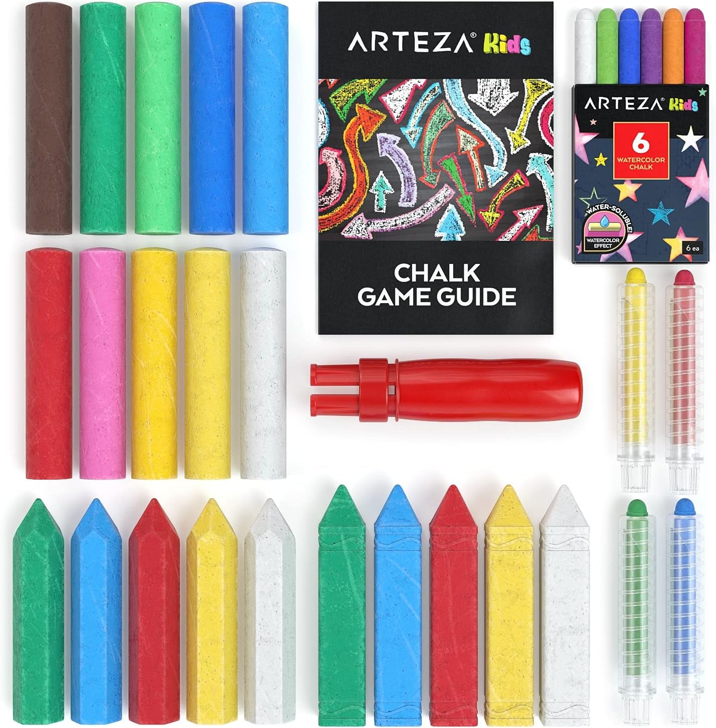 Arteza 36-Piece Washable Sidewalk Chalk Set for Children – Ergonomic Design with Game Guide Included