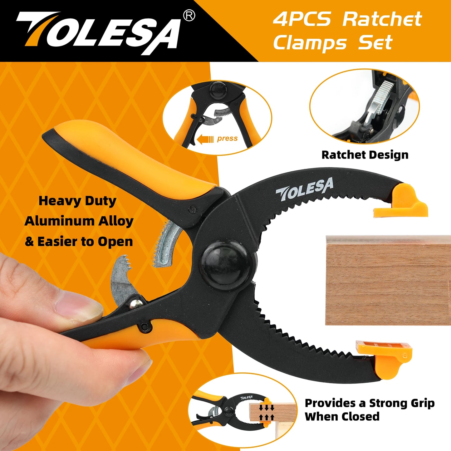 5-Inch Ratcheting Hand Clamps Set - Available in 2 or 4 Pieces with 1.55-Inch Jaw Opening and Enhanced Clamping Force for Project Assembly and Securing
