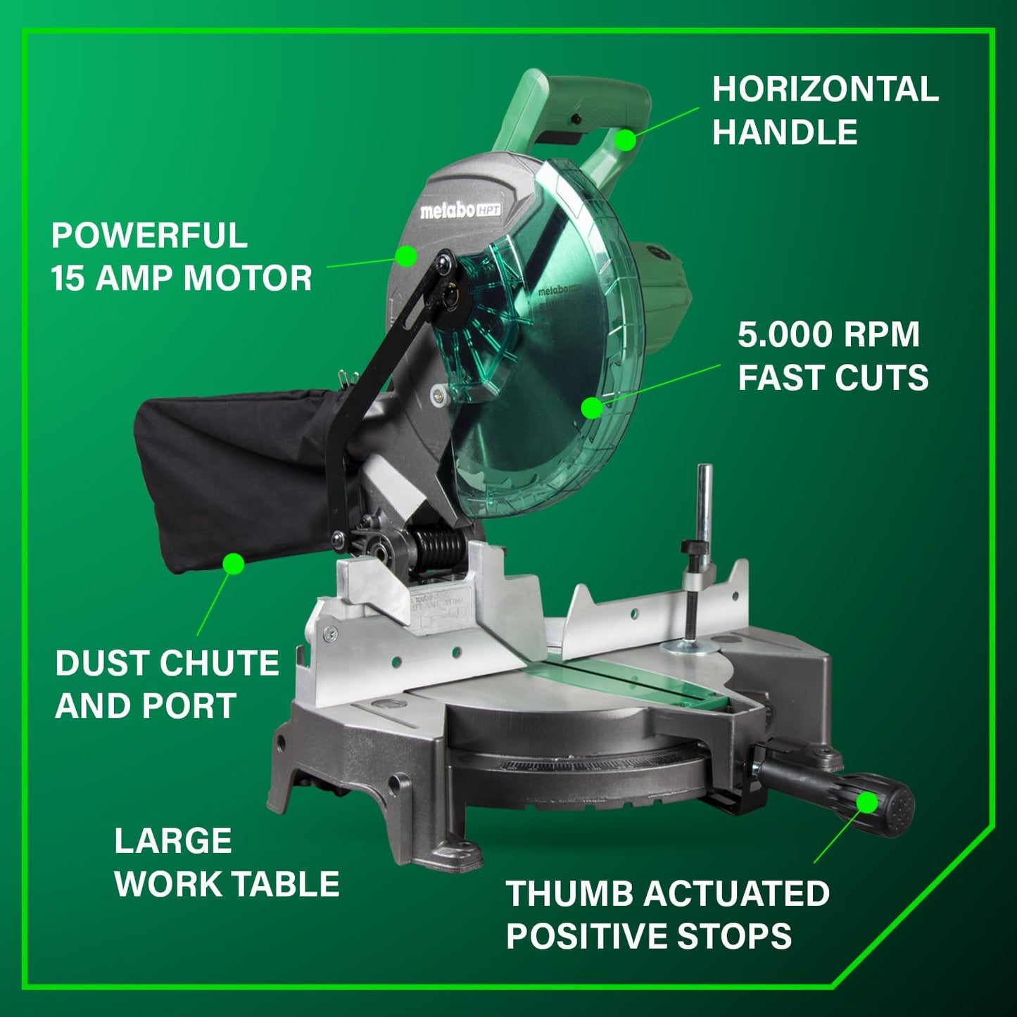 Metabo HPT 10-Inch Compound Miter Saw with 15-Amp Motor, Precision Miter Angles, Single Bevel 0-45°, 24T TCT Blade, Positive Stops, and Lightweight Design, Model C10FCGS