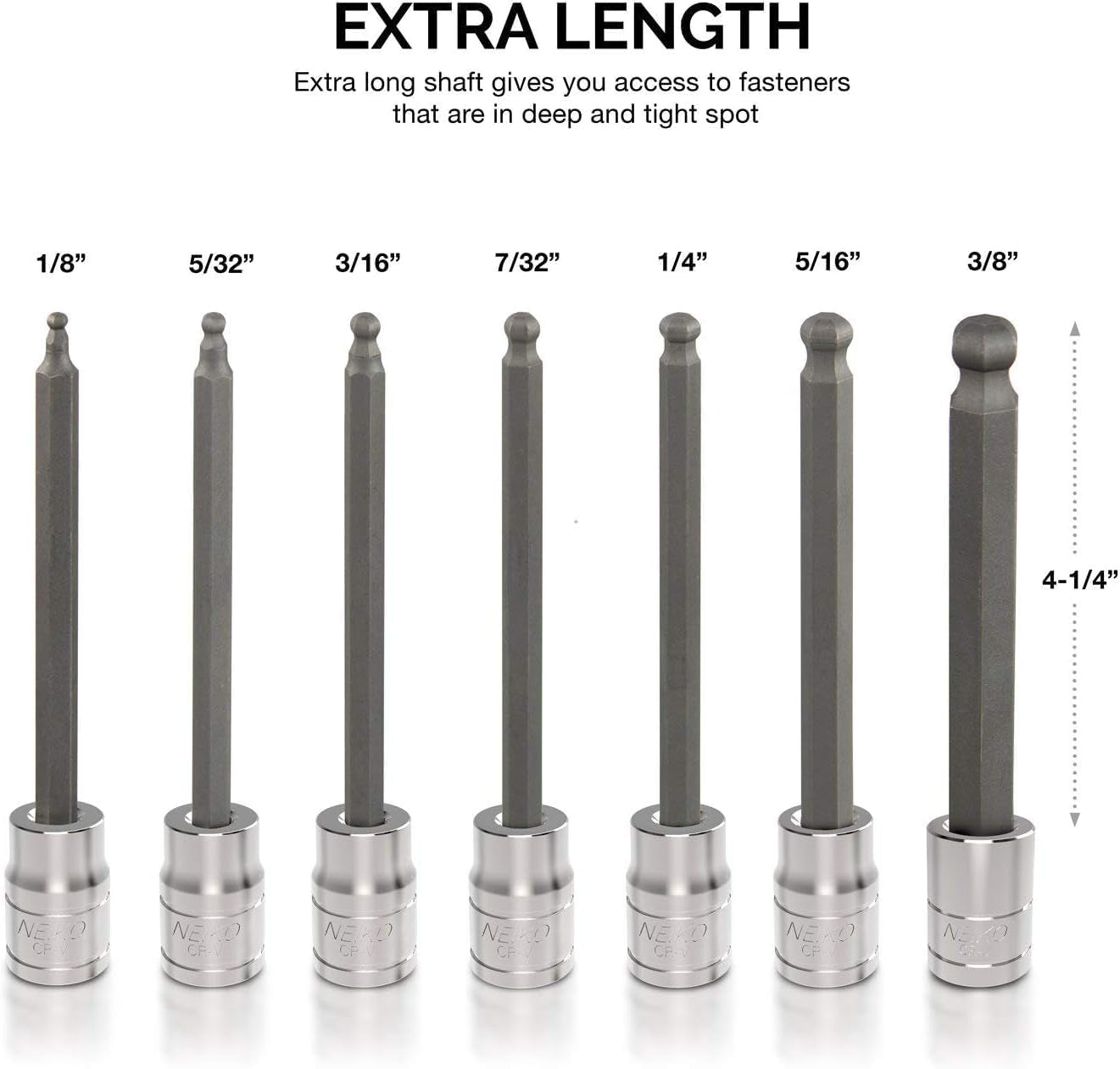 Neiko 10072A 3/8-Inch Drive Extra Long Allen Hex Bit Socket Set, SAE Sizes 1/8-Inch to 3/8-Inch, 7-Piece, Made from S2 and Cr-V Steel