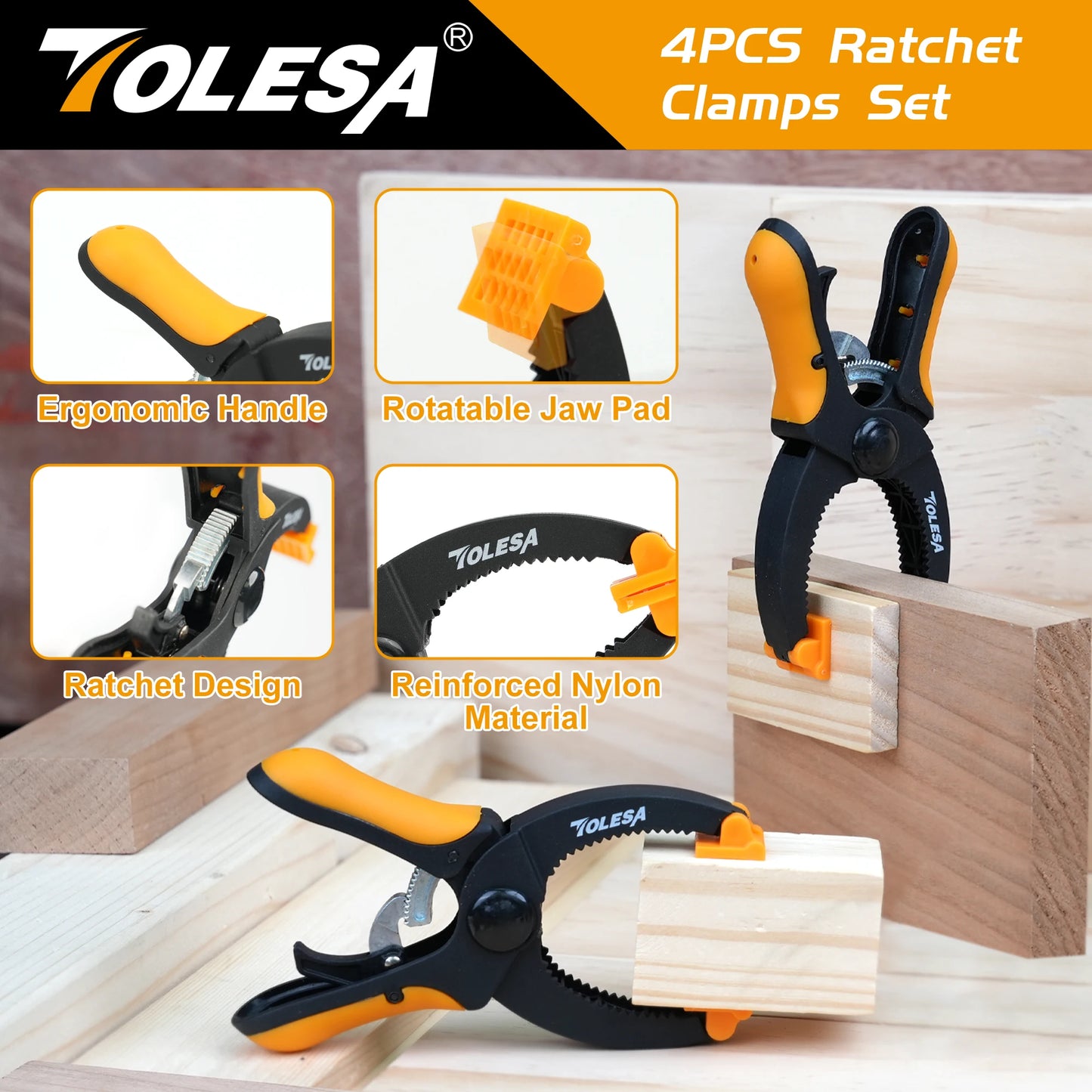 5-Inch Ratcheting Hand Clamps Set - Available in 2 or 4 Pieces with 1.55-Inch Jaw Opening and Enhanced Clamping Force for Project Assembly and Securing