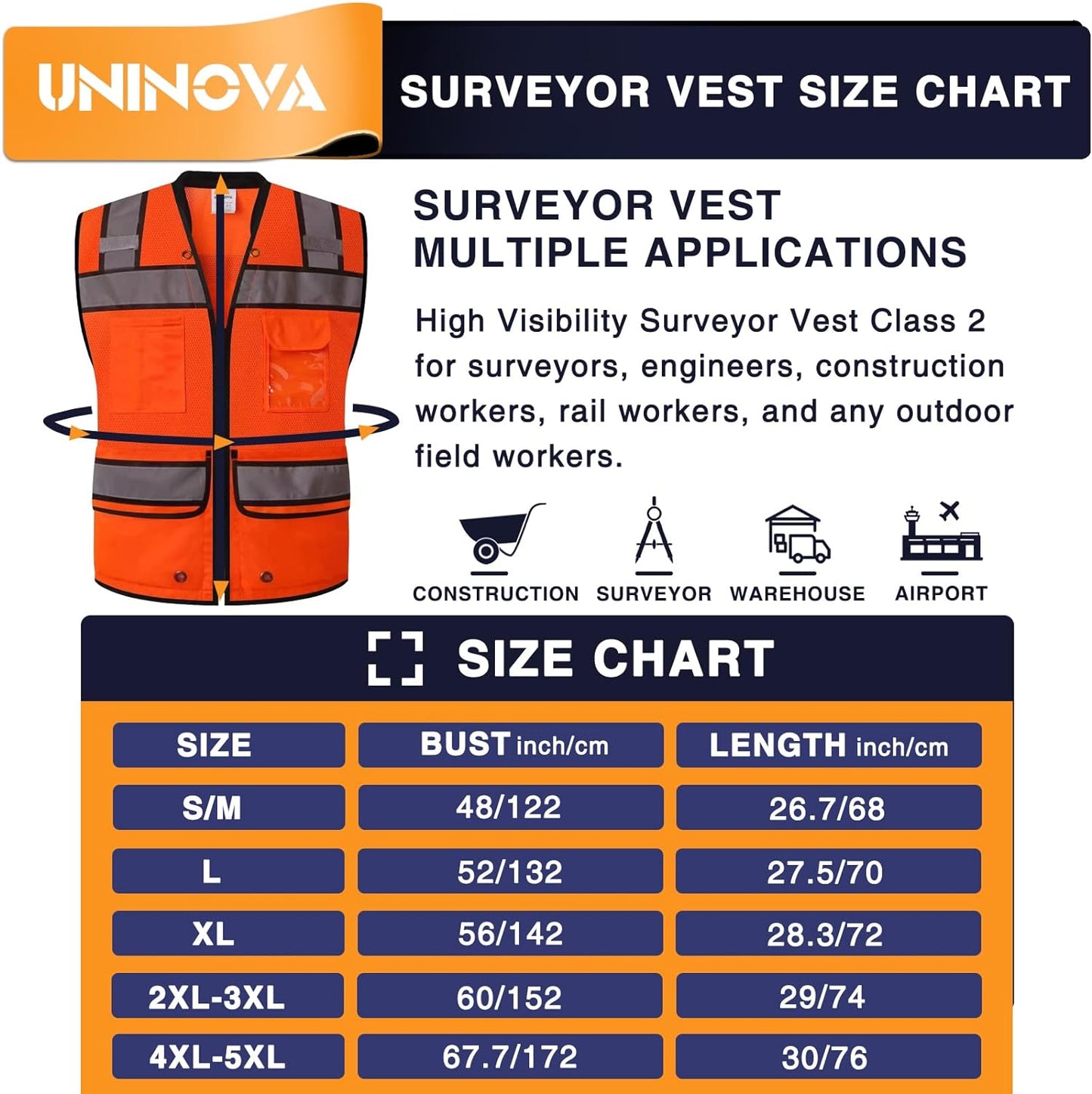 UNINOVA Class 2 High Visibility Reflective Safety Vest for Men with Pockets and Zipper, Ideal for Construction and Surveying Work