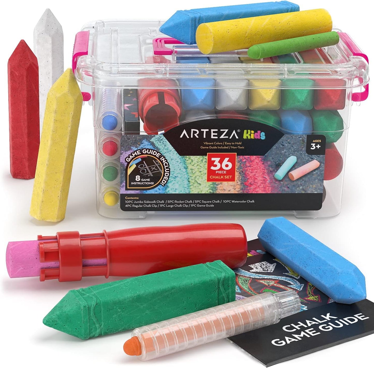 Arteza 36-Piece Washable Sidewalk Chalk Set for Children – Ergonomic Design with Game Guide Included
