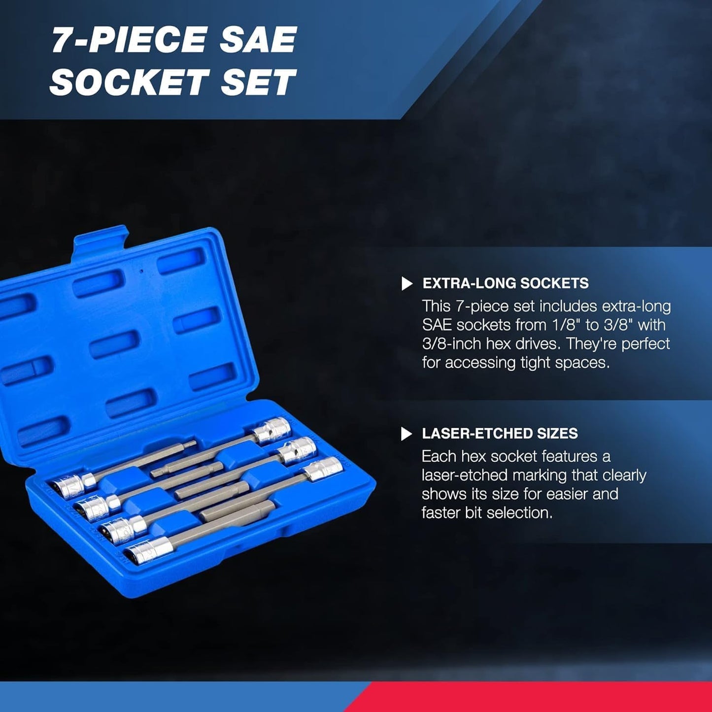 Neiko 10072A 3/8-Inch Drive Extra Long Allen Hex Bit Socket Set, SAE Sizes 1/8-Inch to 3/8-Inch, 7-Piece, Made from S2 and Cr-V Steel