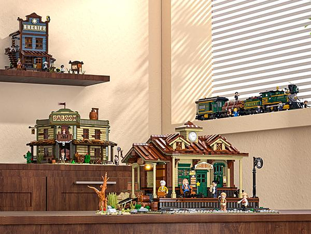 Funwhole Wild West Train Station Building Bricks Set - 1975 Pcs Collectible Playset for Adults and Teens - Perfect Holiday Gift!