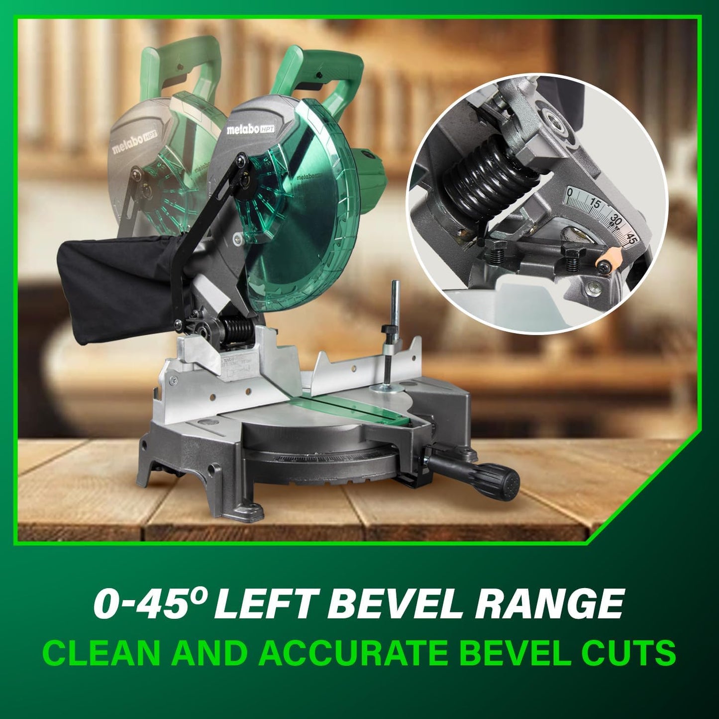Metabo HPT 10-Inch Compound Miter Saw with 15-Amp Motor, Precision Miter Angles, Single Bevel 0-45°, 24T TCT Blade, Positive Stops, and Lightweight Design, Model C10FCGS
