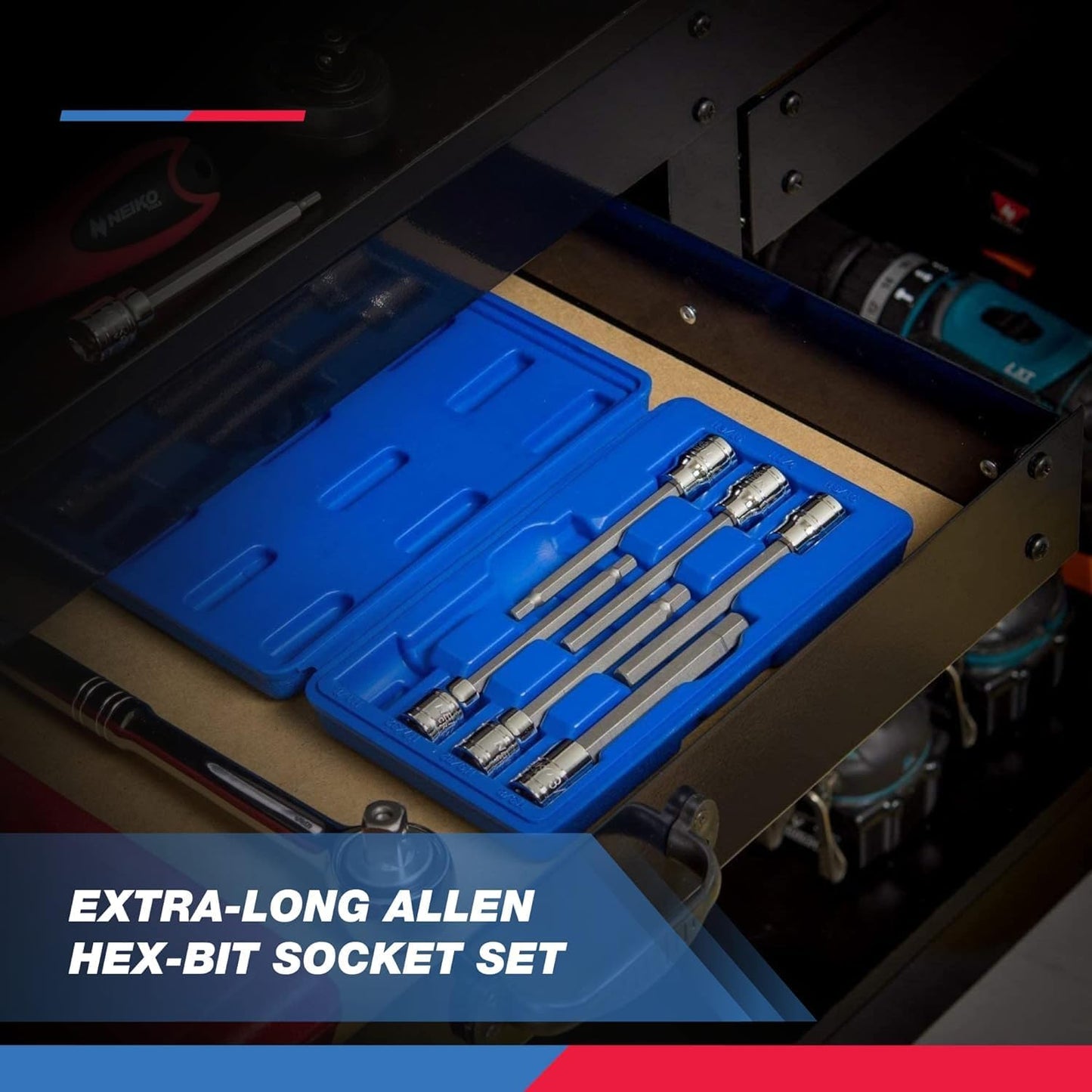 Neiko 10072A 3/8-Inch Drive Extra Long Allen Hex Bit Socket Set, SAE Sizes 1/8-Inch to 3/8-Inch, 7-Piece, Made from S2 and Cr-V Steel