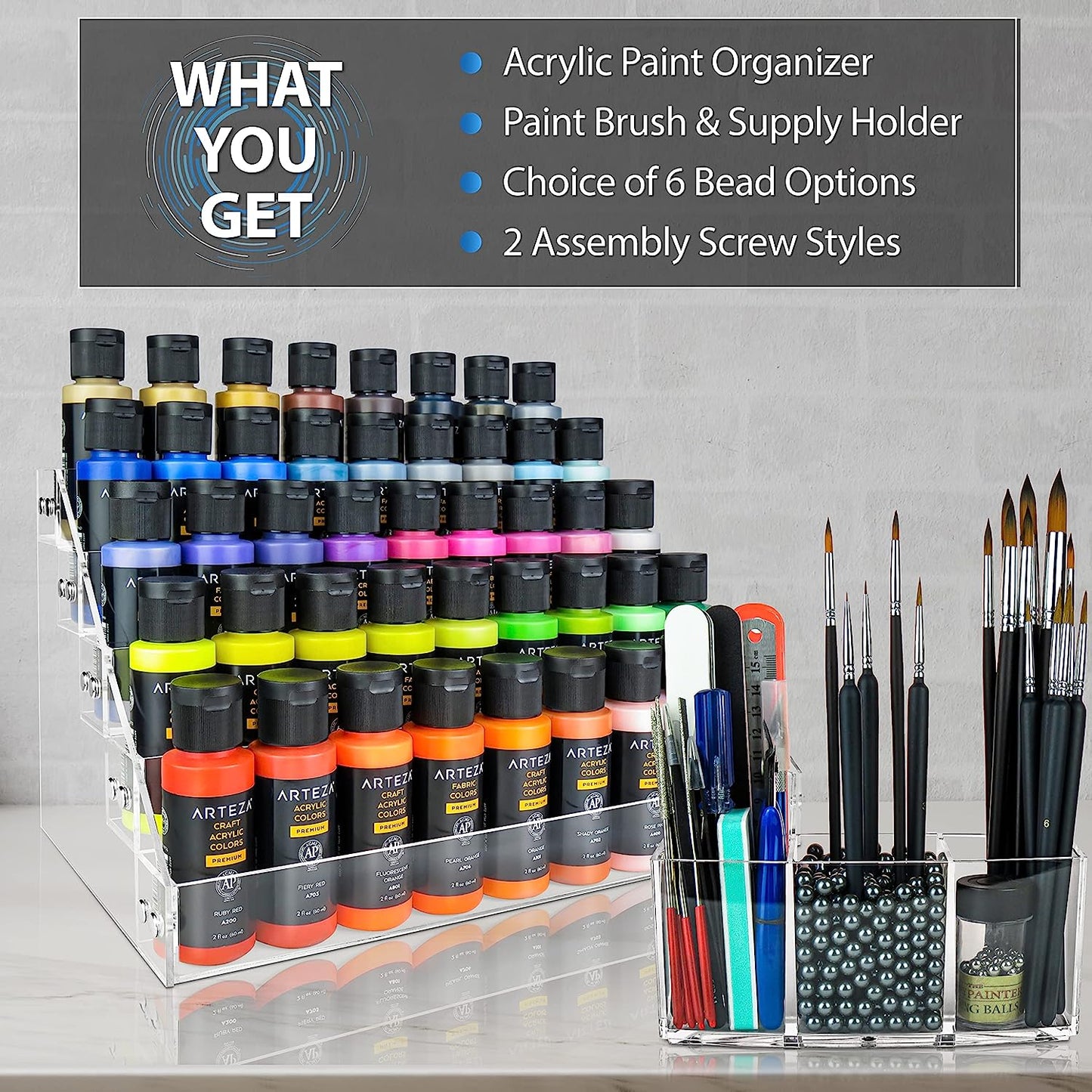 Professional Paint Organizer and Brush Holder Set - 6 Support Bead Options - Premium Crystal-Clear Acrylic with Diamond-Polish Finish - Ideal Miniature Paint Rack and Hobby Storage Solution
