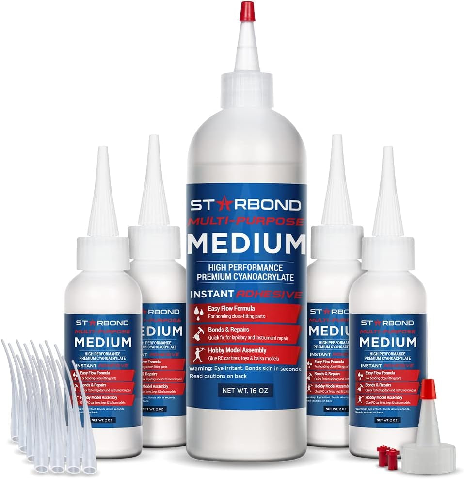 Starbond Medium Super Glue Professional Kit - High-Performance Adhesive for Precision Repairs and Woodworking (2 Oz) with Clog-Resistant Cap and Additional Nozzle