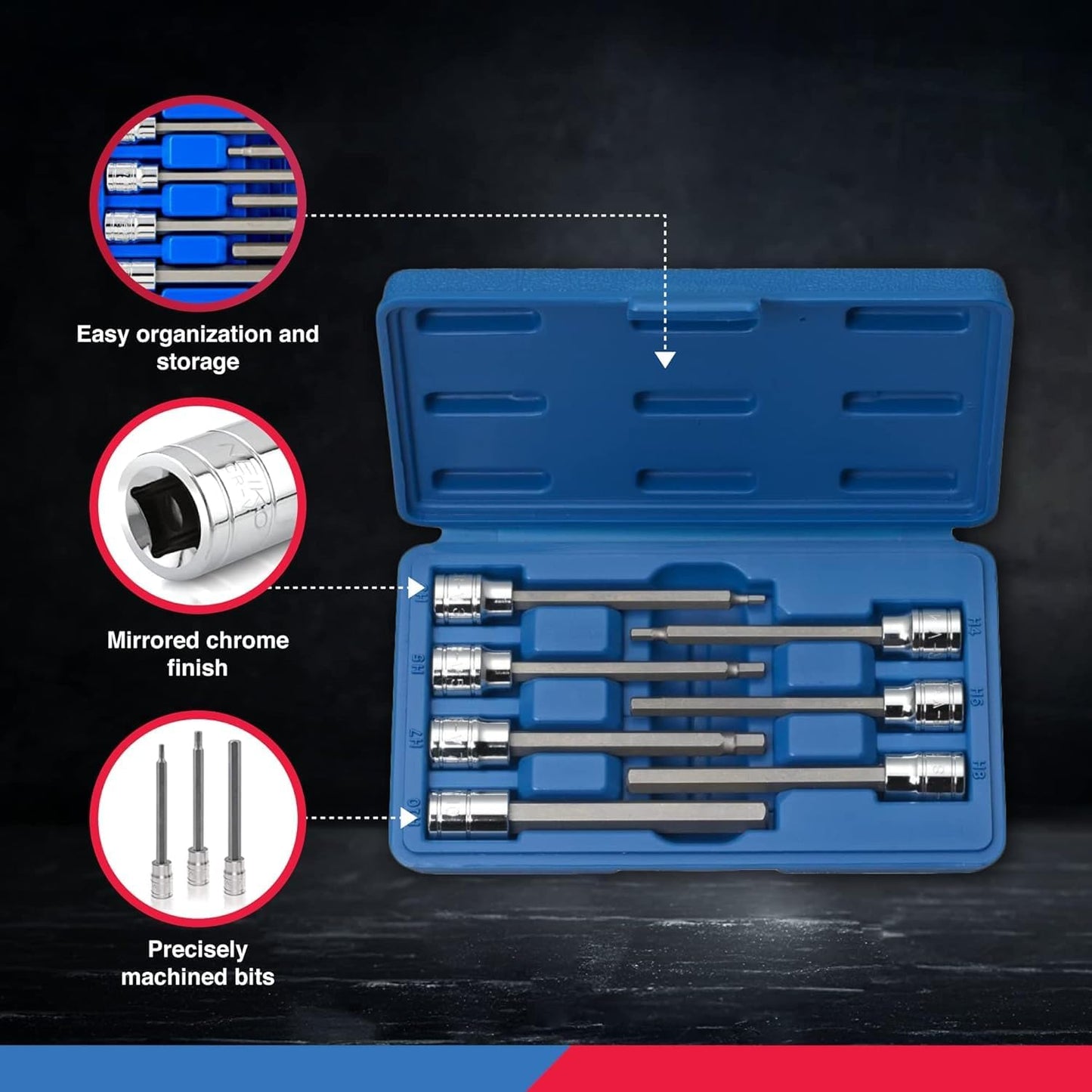 Neiko 10072A 3/8-Inch Drive Extra Long Allen Hex Bit Socket Set, SAE Sizes 1/8-Inch to 3/8-Inch, 7-Piece, Made from S2 and Cr-V Steel