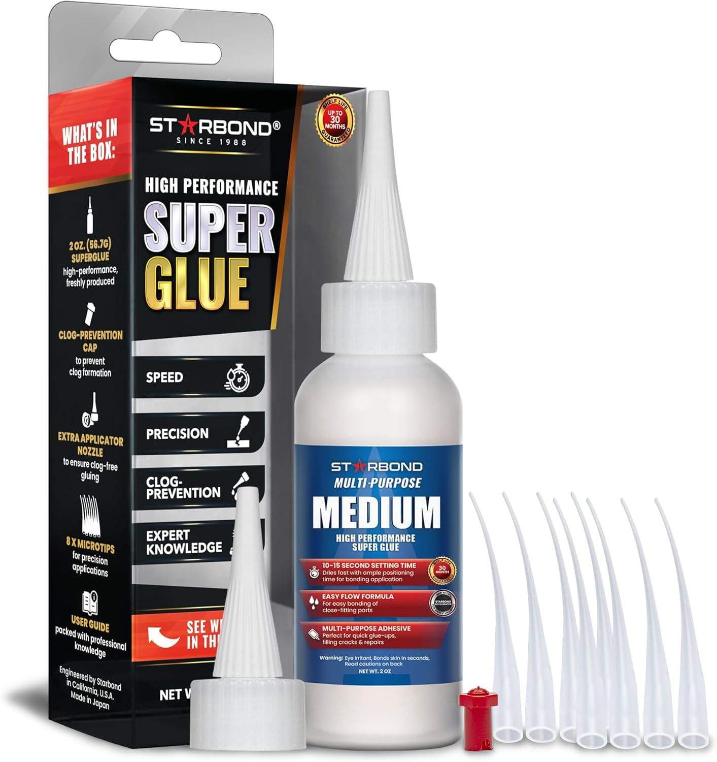 Starbond Medium Super Glue Professional Kit - High-Performance Adhesive for Precision Repairs and Woodworking (2 Oz) with Clog-Resistant Cap and Additional Nozzle