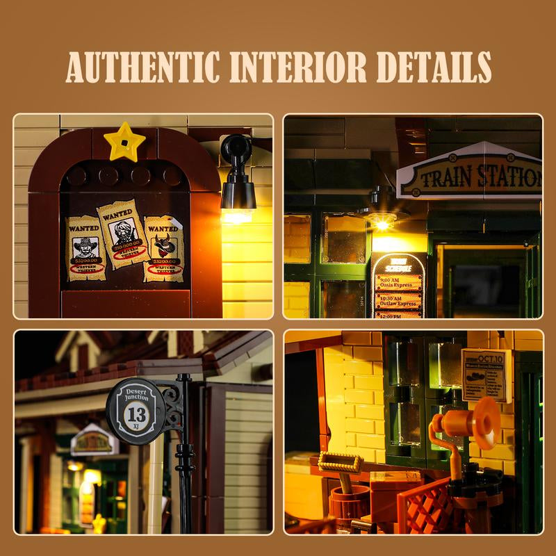Funwhole Wild West Train Station Building Bricks Set - 1975 Pcs Collectible Playset for Adults and Teens - Perfect Holiday Gift!