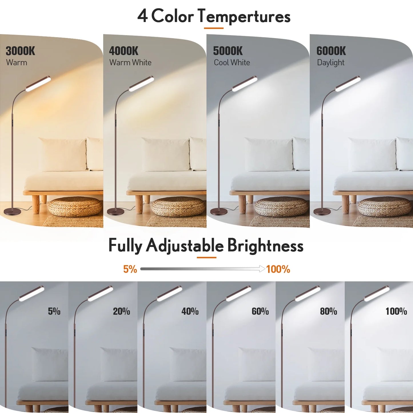 Elegant LED Floor Lamp with Remote and Touch Control - Versatile Reading Light with Adjustable Color Temperatures for Living Spaces (Brown)