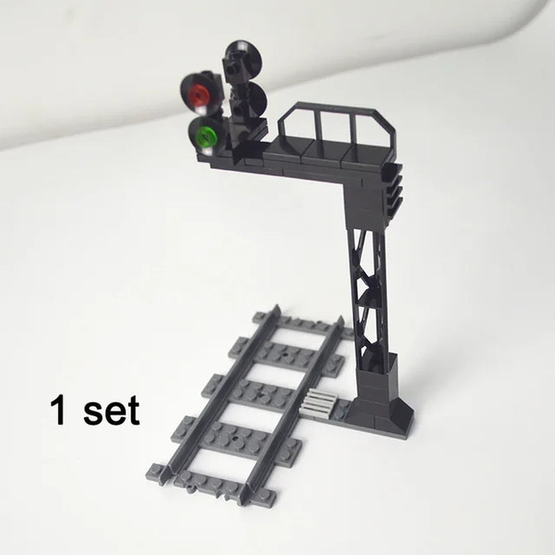 City Train Tracks & Station Building Blocks Set - Mini Signs, Signal Lights, Straight & Curved Rails for Creative Railway Models