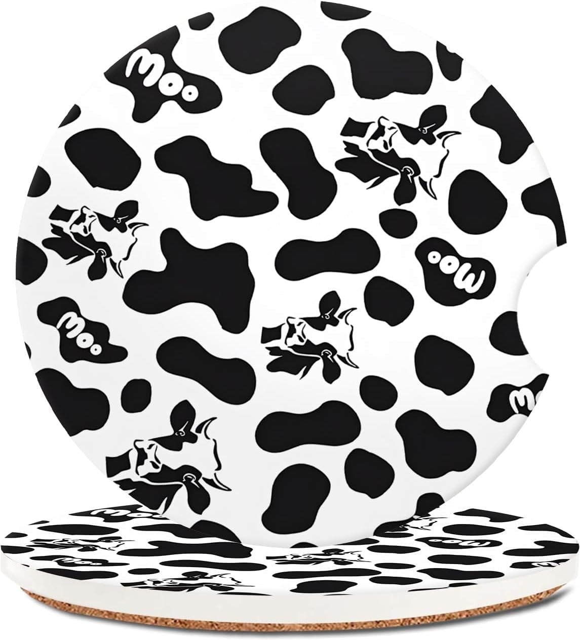 Absorbent Cowhide Car Coasters - Set of 2, Ceramic Stone Drink Holders with Finger Notch and Farm Animal Print Design
