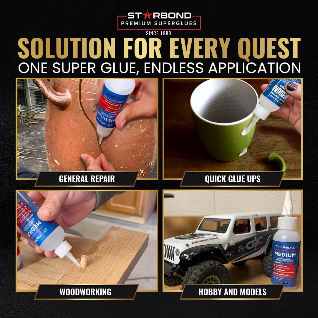 Starbond Medium Super Glue Professional Kit - High-Performance Adhesive for Precision Repairs and Woodworking (2 Oz) with Clog-Resistant Cap and Additional Nozzle