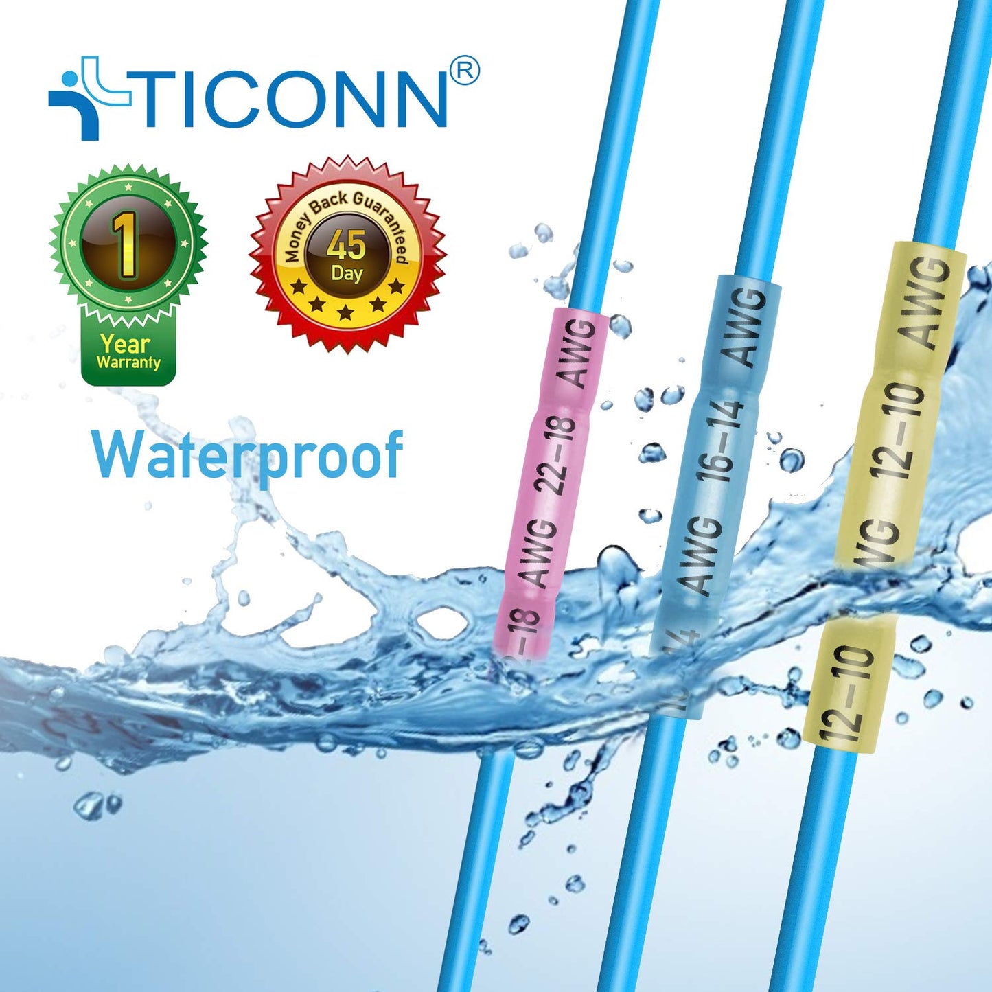 TICONN 100-Piece Insulated Waterproof Heat Shrink Butt Wire Connector Kit for Marine and Automotive Applications