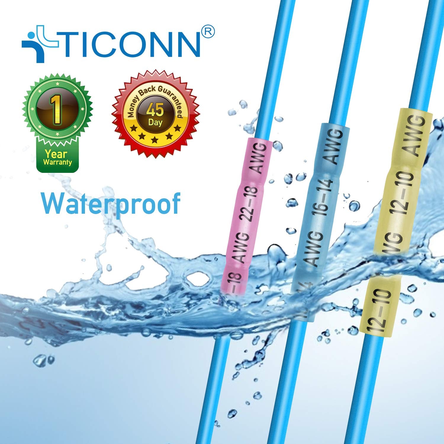 TICONN 100-Piece Insulated Waterproof Heat Shrink Butt Wire Connector Kit for Marine and Automotive Applications