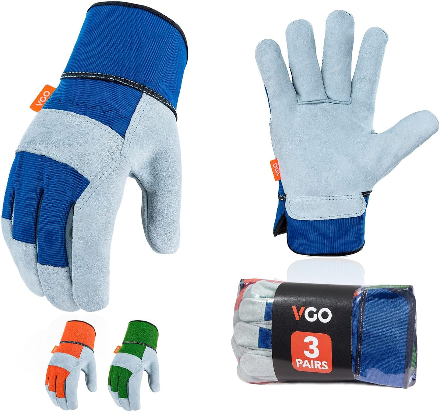 Vgo 1-Pair Safety Leather Work Gloves for Men - Gardening and Rigger Gloves (Size L, Orange, Model CB3501)