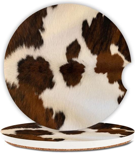 Absorbent Cowhide Car Coasters - Set of 2, Ceramic Stone Drink Holders with Finger Notch and Farm Animal Print Design