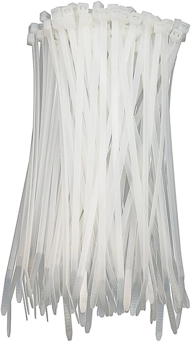 HS 10-Inch White Nylon Cable Ties, 50 lbs Strength, Medium Clear Straps for Bike, Car, and Cord Management - 100 Pack