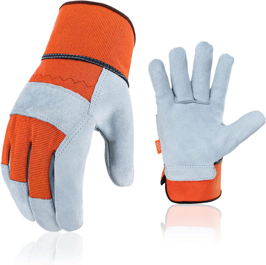 Vgo 1-Pair Safety Leather Work Gloves for Men - Gardening and Rigger Gloves (Size L, Orange, Model CB3501)