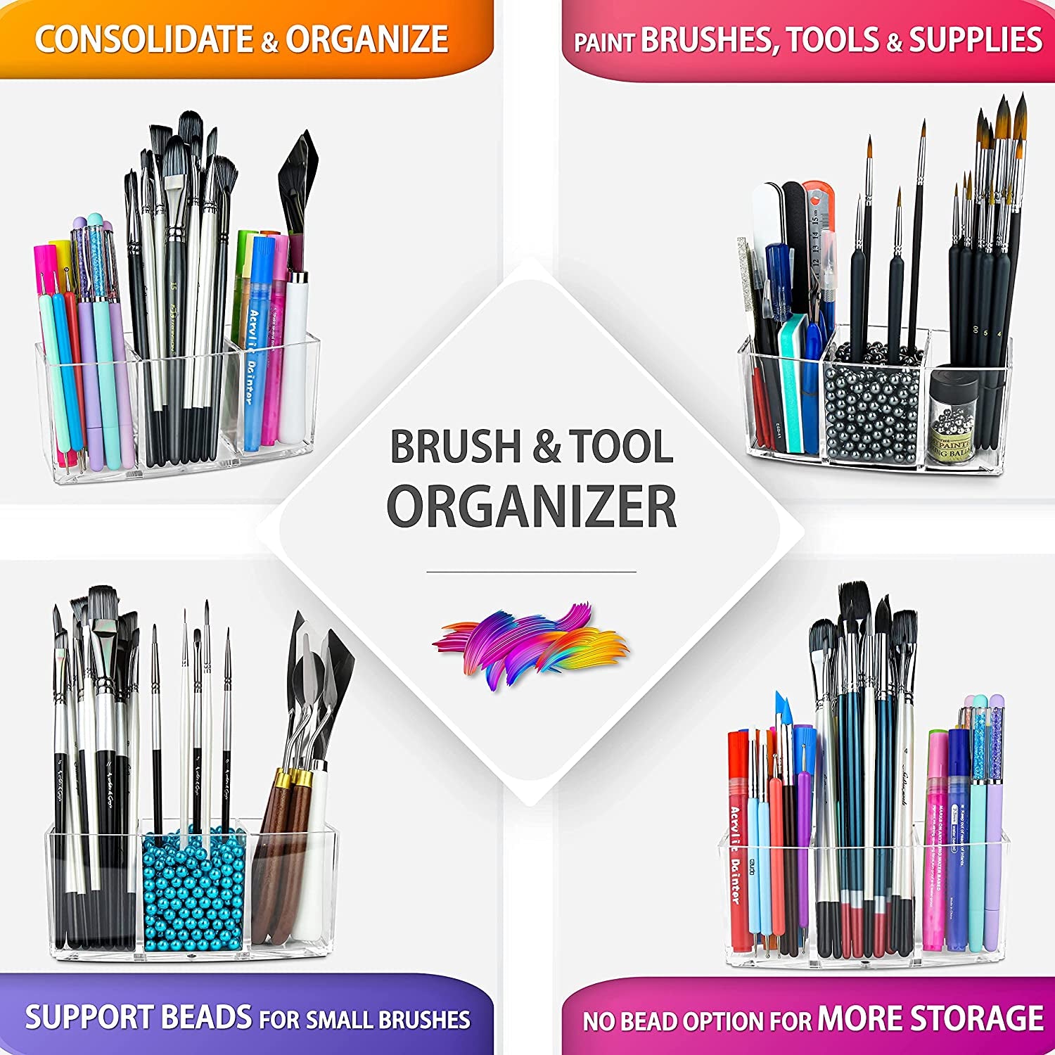 Professional Paint Organizer and Brush Holder Set - 6 Support Bead Options - Premium Crystal-Clear Acrylic with Diamond-Polish Finish - Ideal Miniature Paint Rack and Hobby Storage Solution