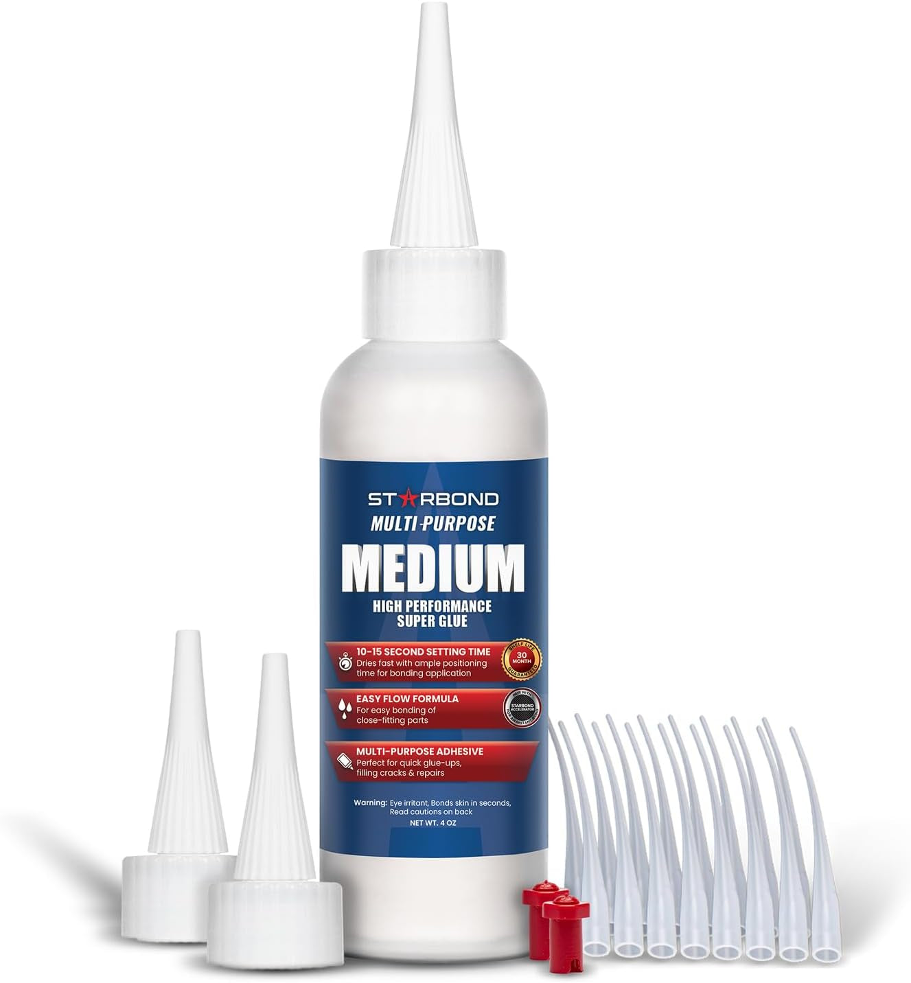 Starbond Medium Super Glue Professional Kit - High-Performance Adhesive for Precision Repairs and Woodworking (2 Oz) with Clog-Resistant Cap and Additional Nozzle