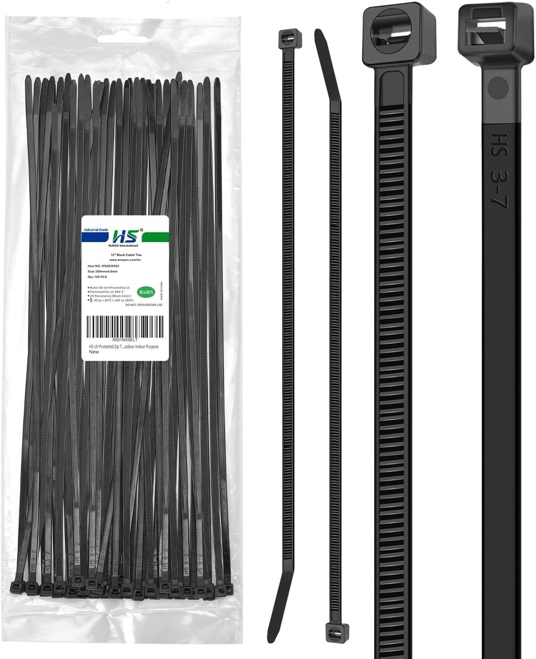 HS 10-Inch White Nylon Cable Ties, 50 lbs Strength, Medium Clear Straps for Bike, Car, and Cord Management - 100 Pack