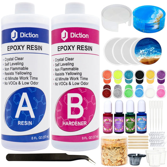 Ultimate 16Oz Epoxy Resin Kit for Art Enhancement - Includes Coaster Molds, Vibrant Pigments, Sparkling Glitter, and Gold Flakes