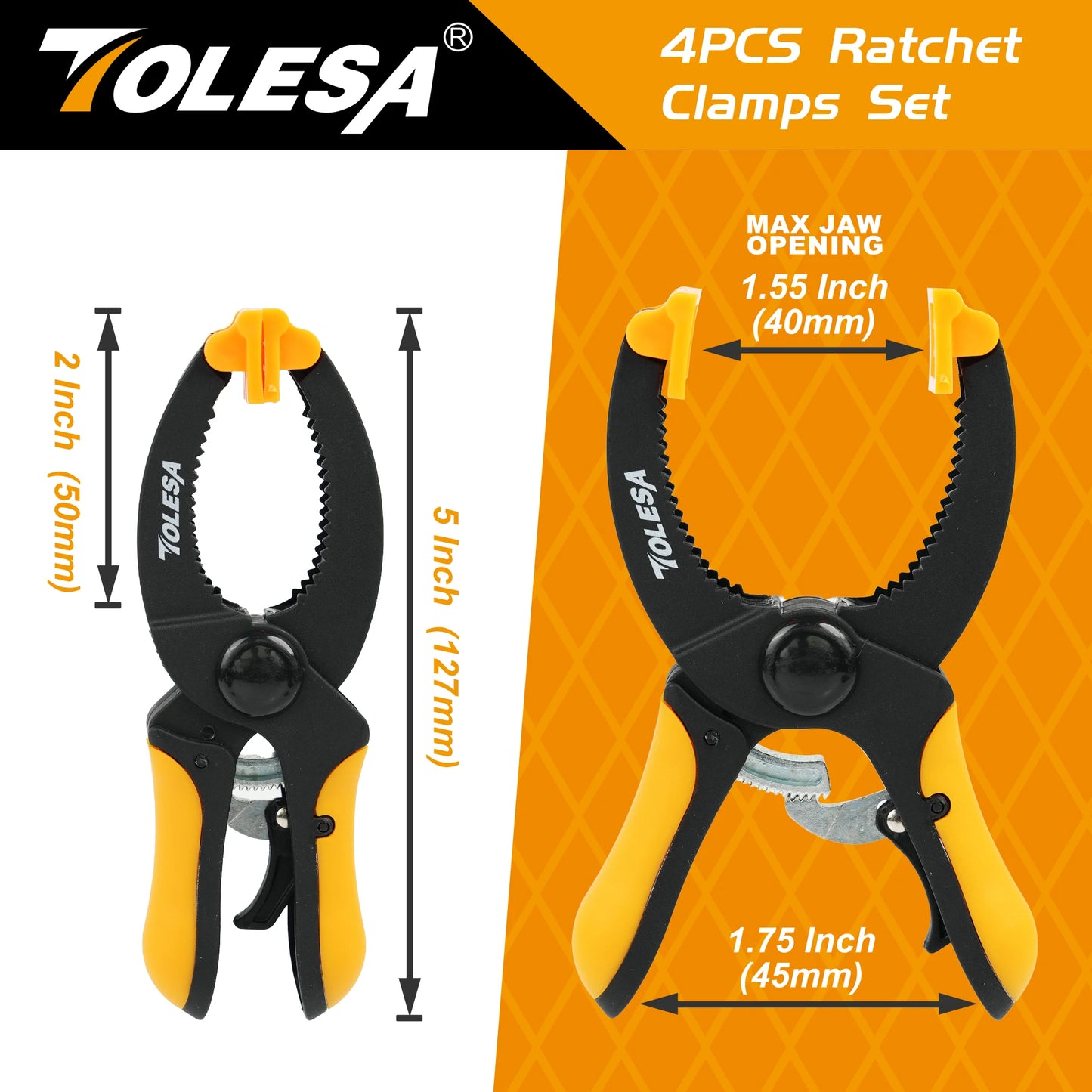5-Inch Ratcheting Hand Clamps Set - Available in 2 or 4 Pieces with 1.55-Inch Jaw Opening and Enhanced Clamping Force for Project Assembly and Securing