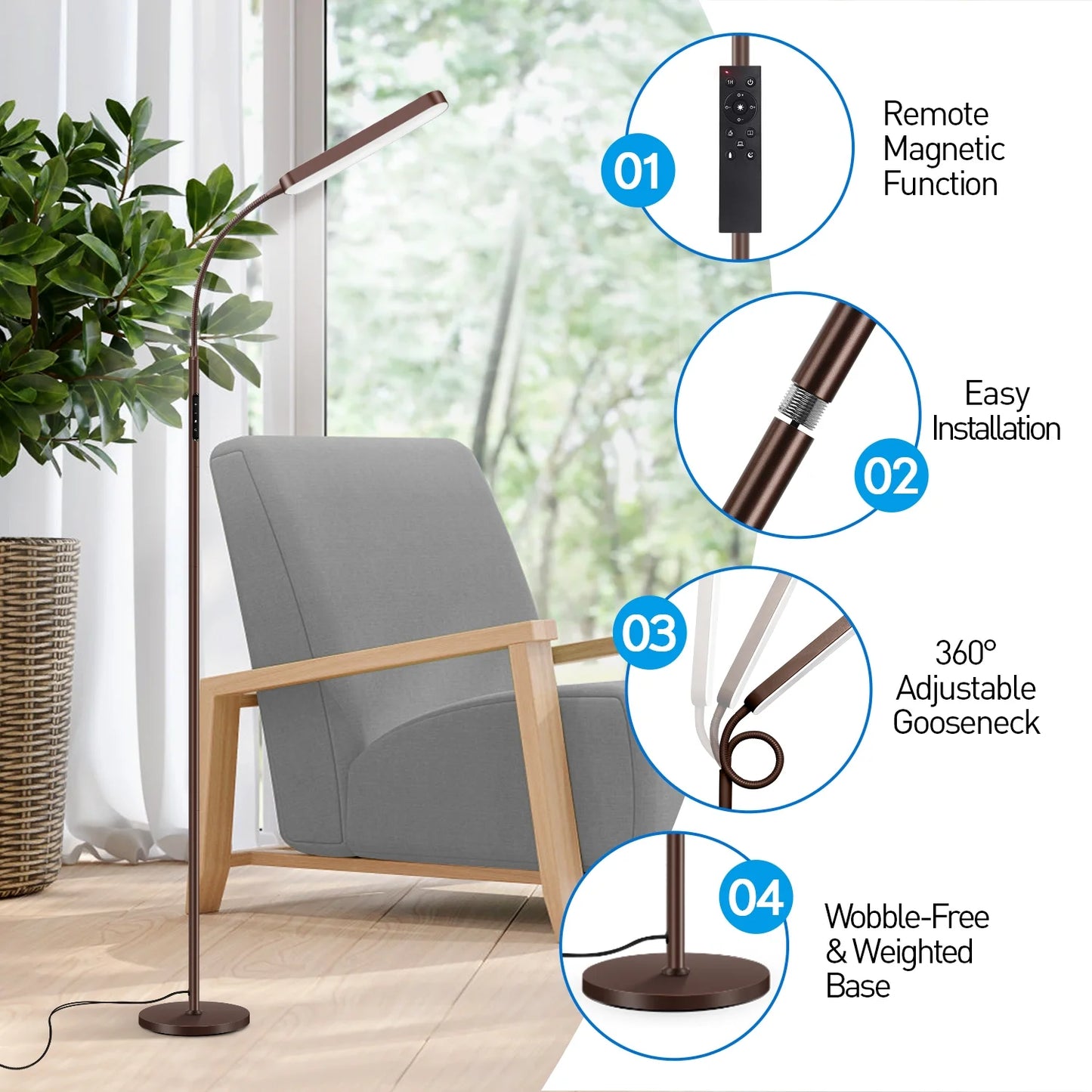 Elegant LED Floor Lamp with Remote and Touch Control - Versatile Reading Light with Adjustable Color Temperatures for Living Spaces (Brown)