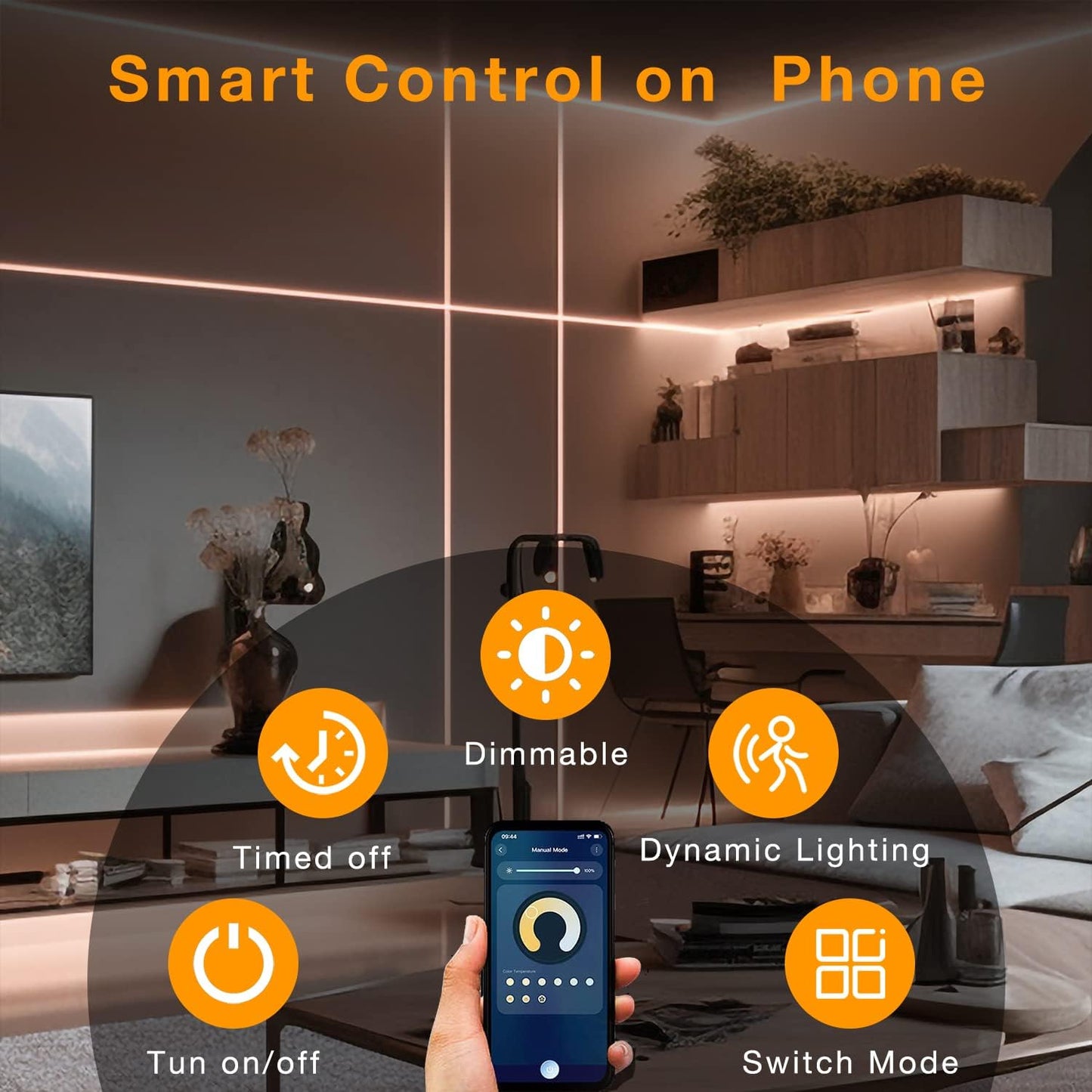 Phopollo 10-Piece Motion Sensor LED Strip Light Kit - 16.4 Ft Under Cabinet Lighting with App and RF Remote Control, Dimmable 2700K-6500K for Kitchen, Counter, and Shelf, Dusk to Dawn Night Light
