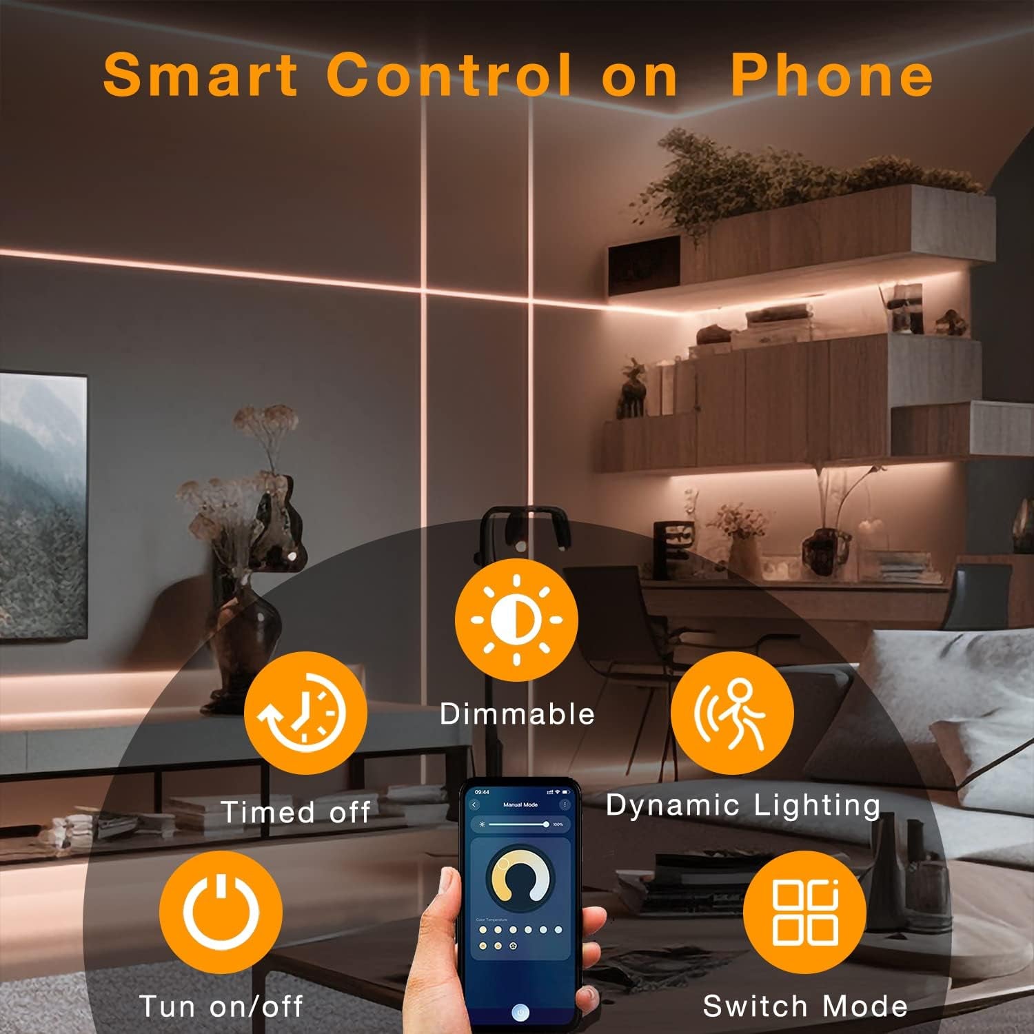 Phopollo 10-Piece Motion Sensor LED Strip Light Kit - 16.4 Ft Under Cabinet Lighting with App and RF Remote Control, Dimmable 2700K-6500K for Kitchen, Counter, and Shelf, Dusk to Dawn Night Light