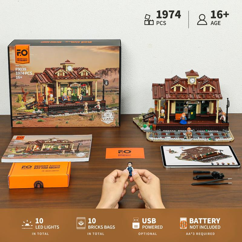 Funwhole Wild West Train Station Building Bricks Set - 1975 Pcs Collectible Playset for Adults and Teens - Perfect Holiday Gift!