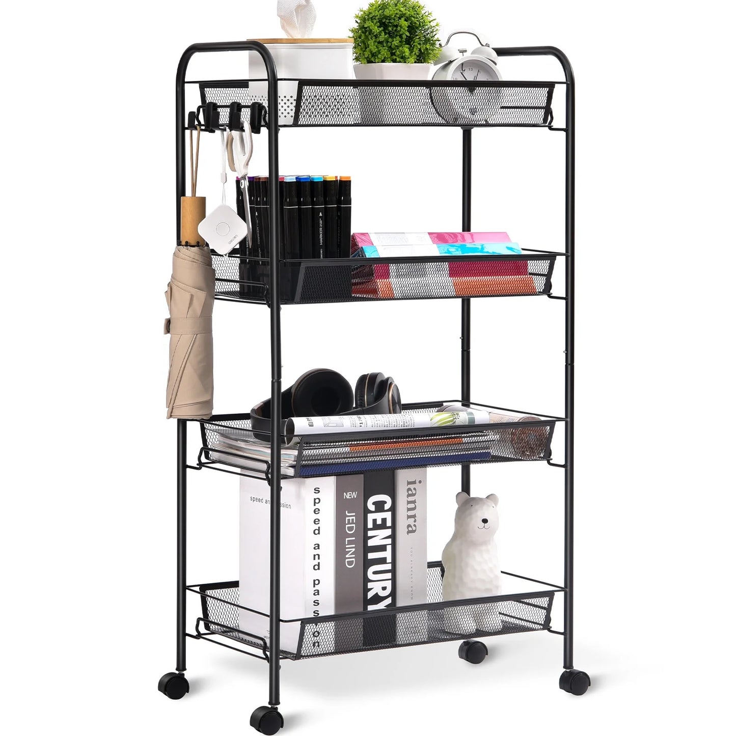 4-Tier Metal Rolling Cart with Wheels - Versatile Storage Solution for Office and Educational Environments - Elegant Black Finish