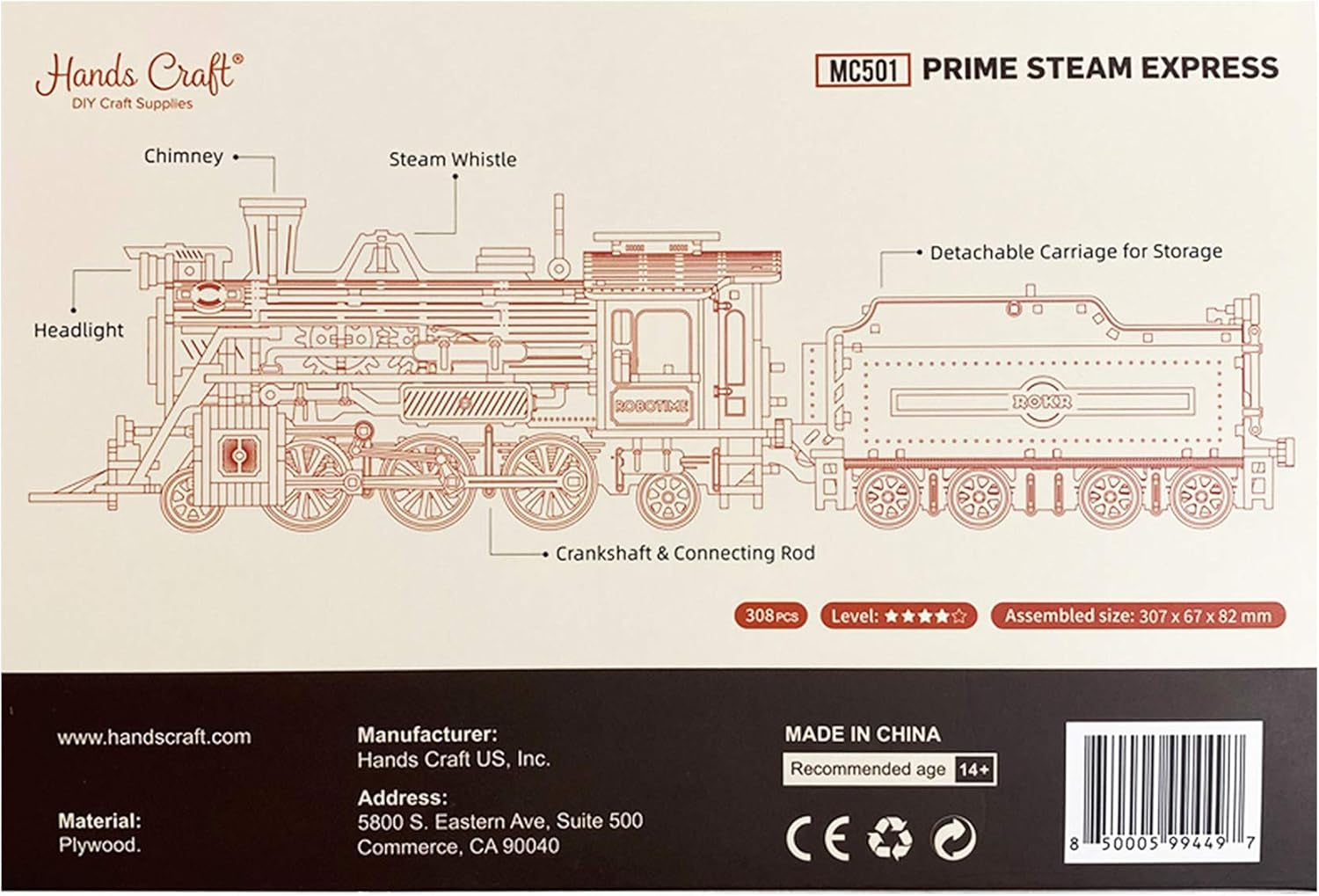 Prime Steam Express Train 3D Wooden Puzzle Model Kit - Educational STEM Toy for Adults and Teens - Safe, Non-Toxic Laser-Cut Wood MC501A at 1:80 Scale