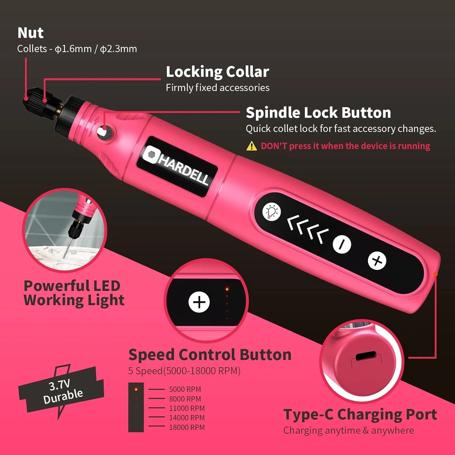Professional 3.7V Cordless Rotary Tool Kit - 5-Speed Portable Drill for DIY Projects, Sanding, Polishing, Carving, and Engraving with 2000mAh Lithium Battery