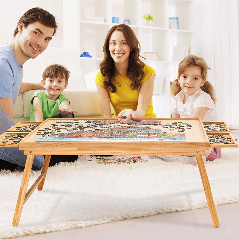 TEAKMAMA 1500-Piece Wooden Jigsaw Puzzle Table with Legs, 4 Drawers & Protective Cover - Portable 34” x 26.3” Folding Puzzle Board for Adults