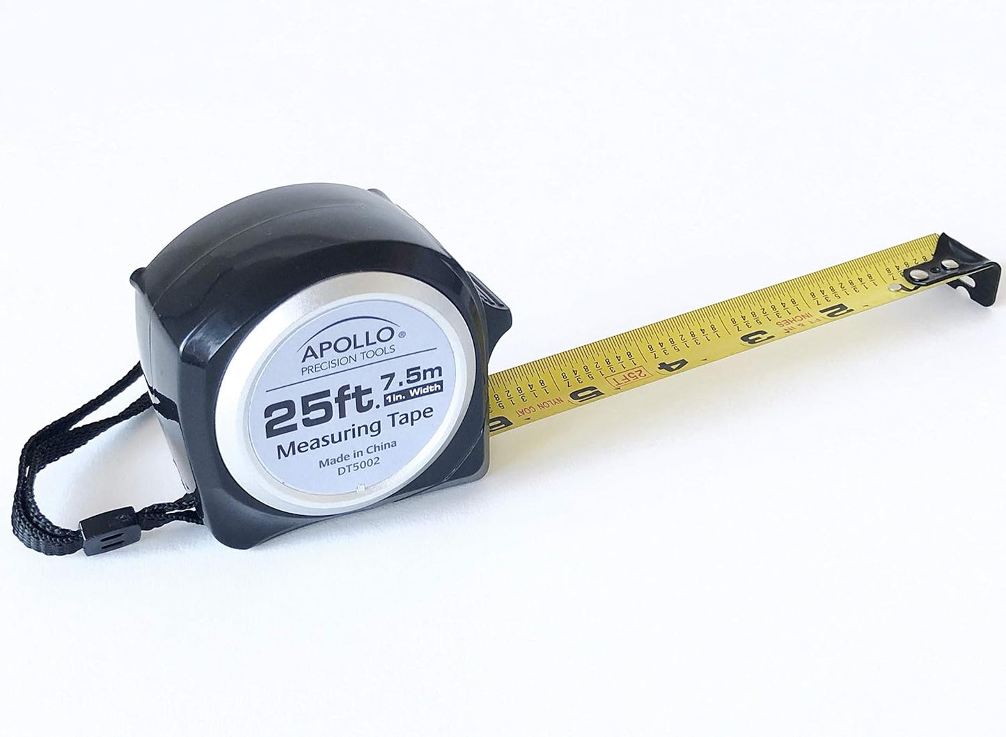 Apollo Tools 25-Foot Measuring Tape with Retractable Blade, Fraction Markings, 1-Inch Nylon Blade, 8-Foot Standout, Lock Button, and Belt Clip - Black - Model DT5002