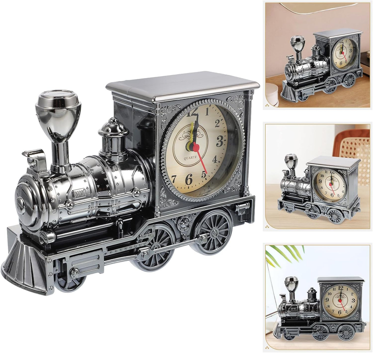 FAVOMOTO Grey Retro Train Clock - Stylish Steampunk Locomotive Table Decor for Home & Office (Battery Not Included)