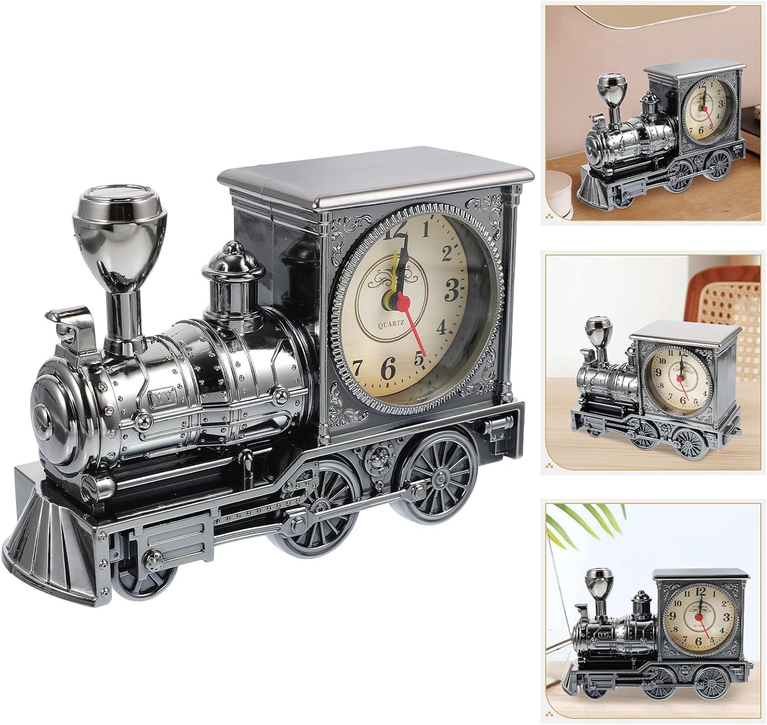 FAVOMOTO Grey Retro Train Clock - Stylish Steampunk Locomotive Table Decor for Home & Office (Battery Not Included)