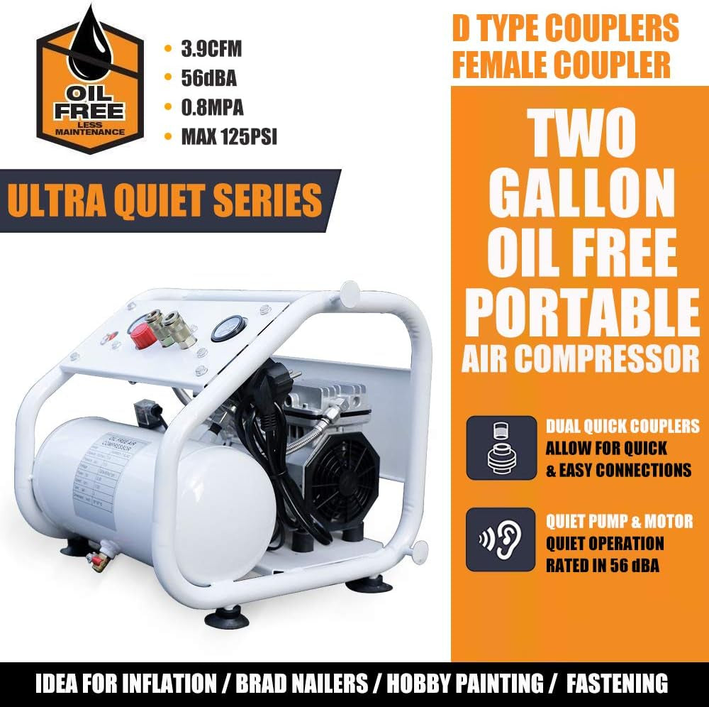 Professional Ultra Quiet Oil-Free Portable Air Compressor with Dual Outlet, 4 CFM at 125 PSI, 2 Gallon Tank, Lightweight Design (42 lbs), 110V/650W