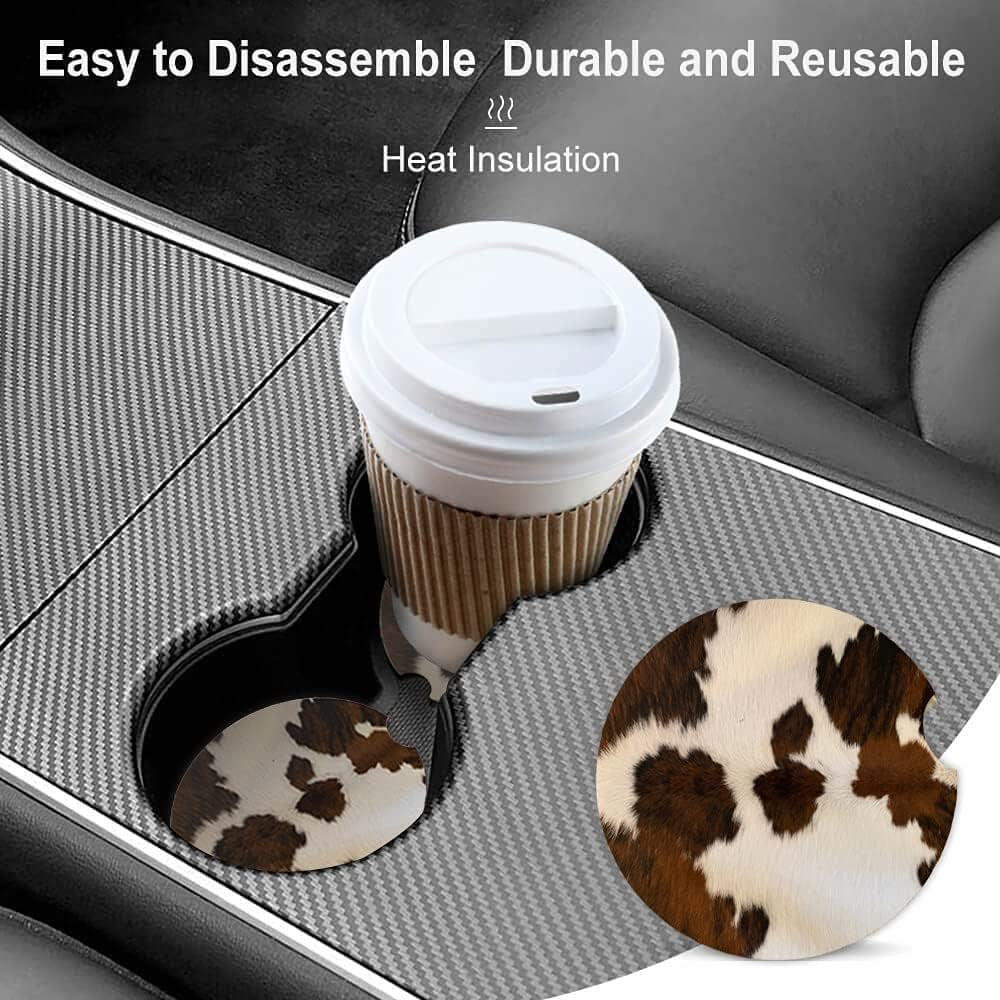 Absorbent Cowhide Car Coasters - Set of 2, Ceramic Stone Drink Holders with Finger Notch and Farm Animal Print Design