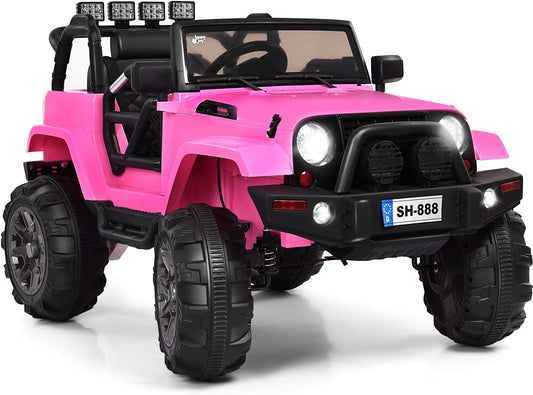 HONEY JOY 12V Electric Ride-On Truck for Children with Remote Control, Spring Suspension, LED Lighting, Functional Doors, and Safety Belt - Pink Toddler 4-Wheeler