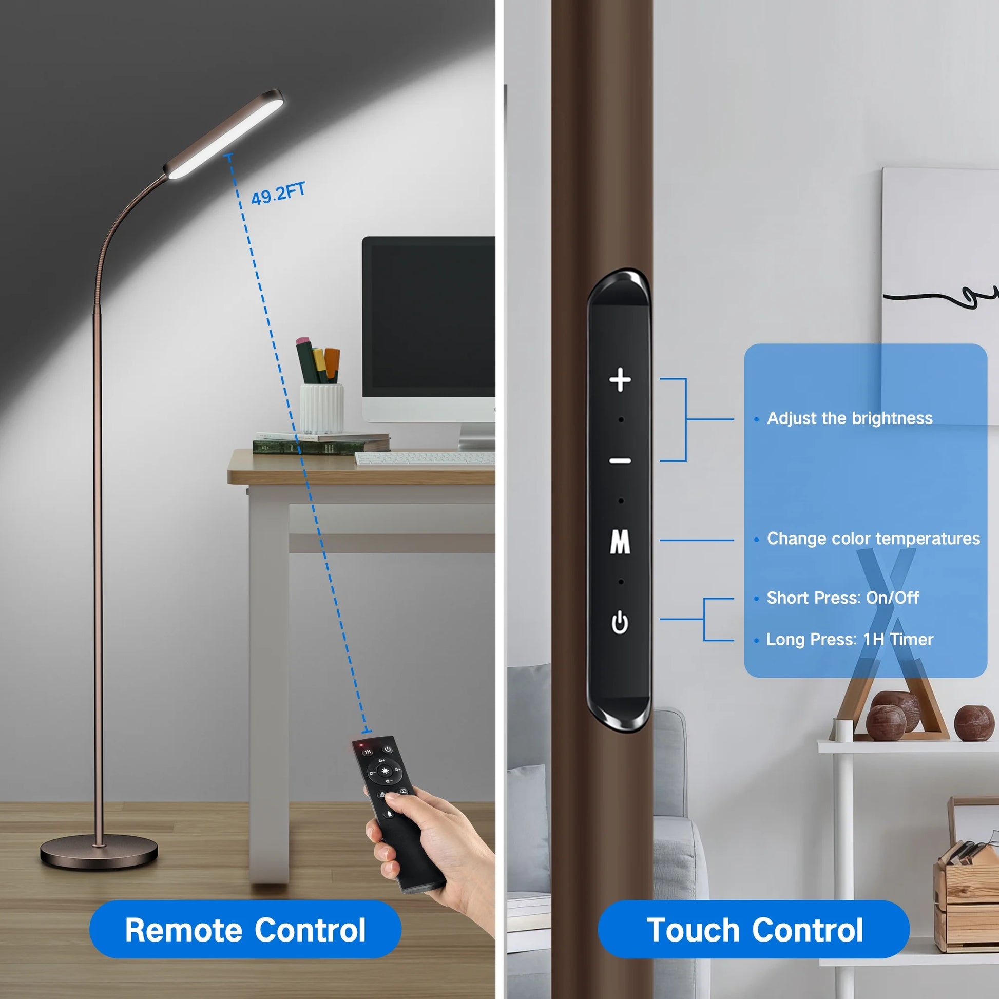 Elegant LED Floor Lamp with Remote and Touch Control - Versatile Reading Light with Adjustable Color Temperatures for Living Spaces (Brown)