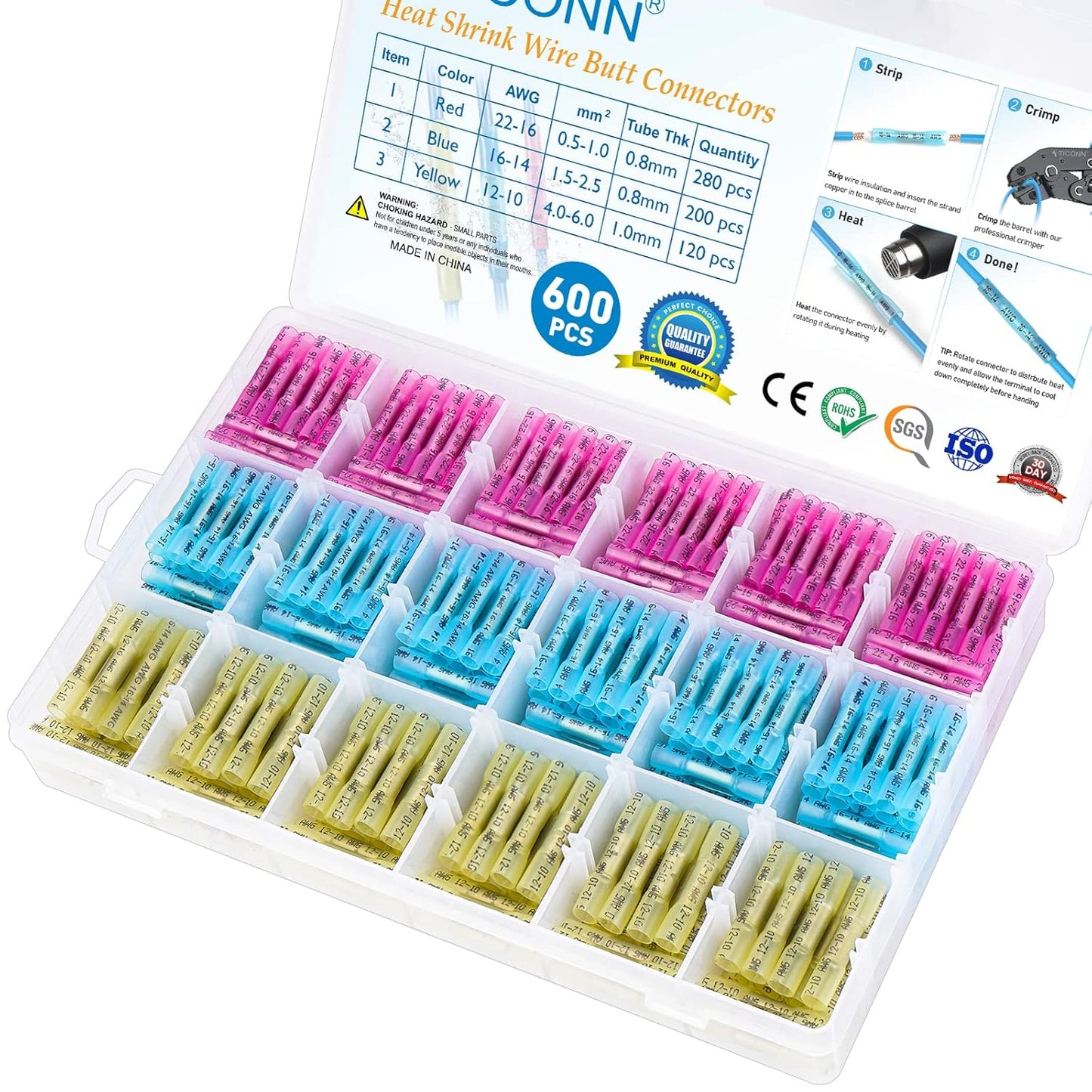 TICONN 100-Piece Insulated Waterproof Heat Shrink Butt Wire Connector Kit for Marine and Automotive Applications