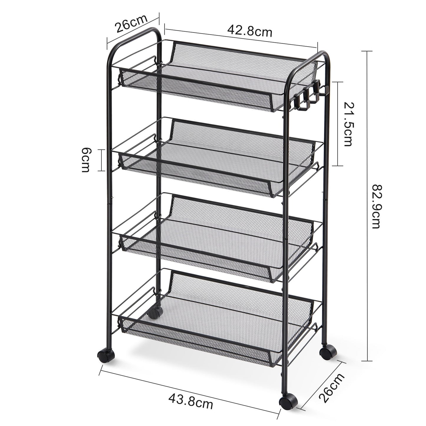4-Tier Metal Rolling Cart with Wheels - Versatile Storage Solution for Office and Educational Environments - Elegant Black Finish