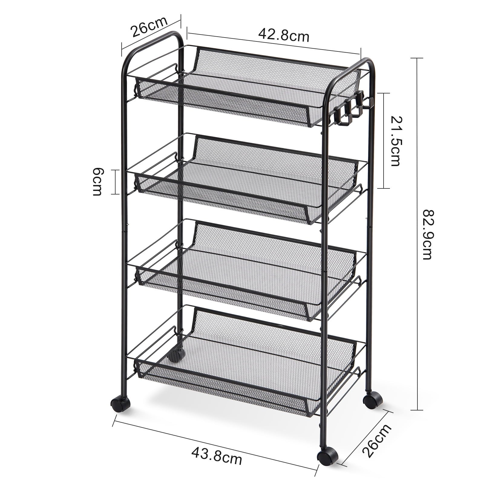 4-Tier Metal Rolling Cart with Wheels - Versatile Storage Solution for Office and Educational Environments - Elegant Black Finish