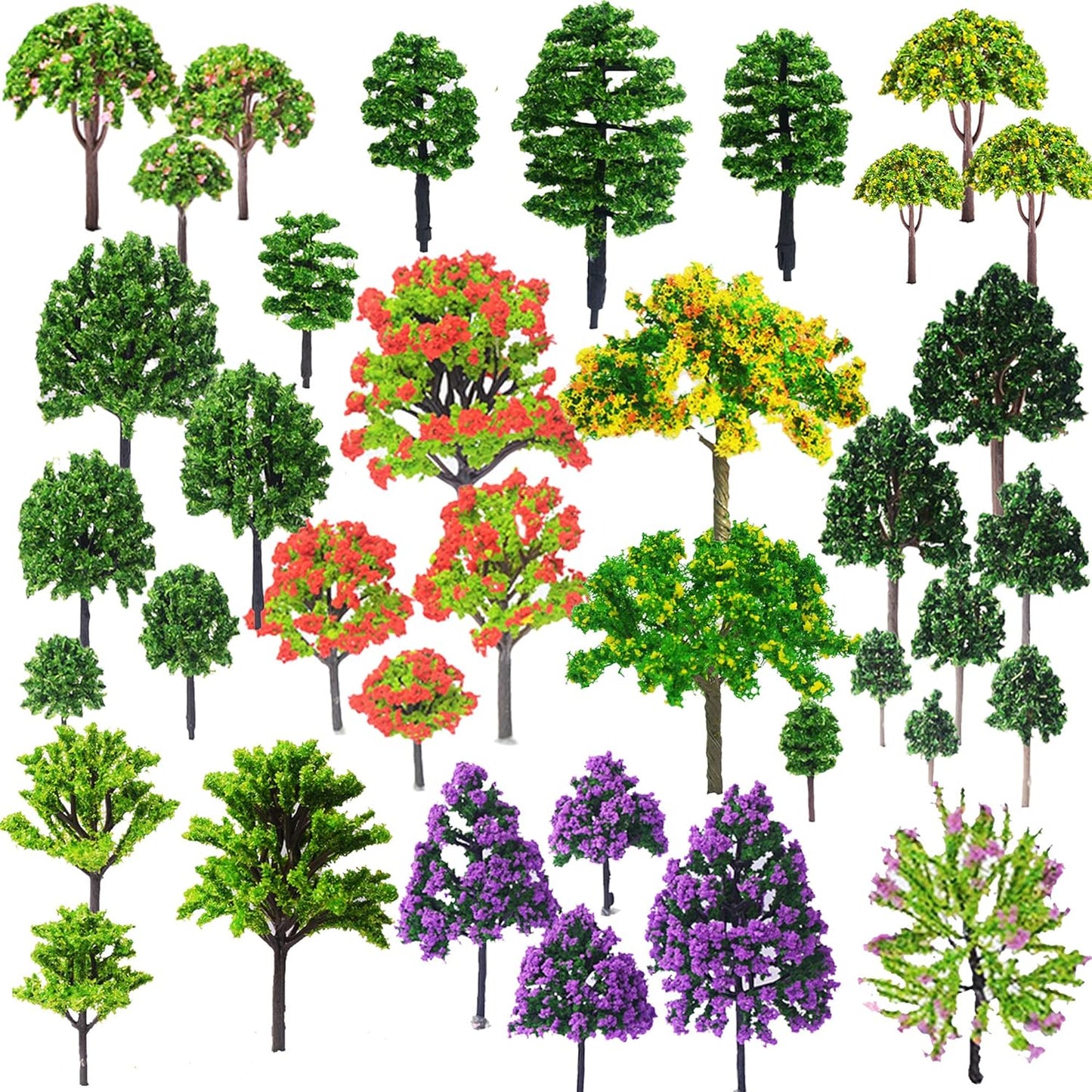 Cayway 44-Piece Colorful Model Trees Set (1.3-3.2 Inches) - Perfect for Train Scenery and Architectural Models, Base-Free DIY Craft Accessories